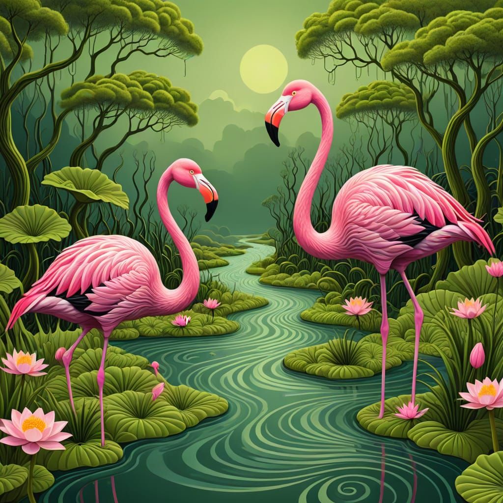 Two Pink Flamingos in Abstract Psychedelic Swamp