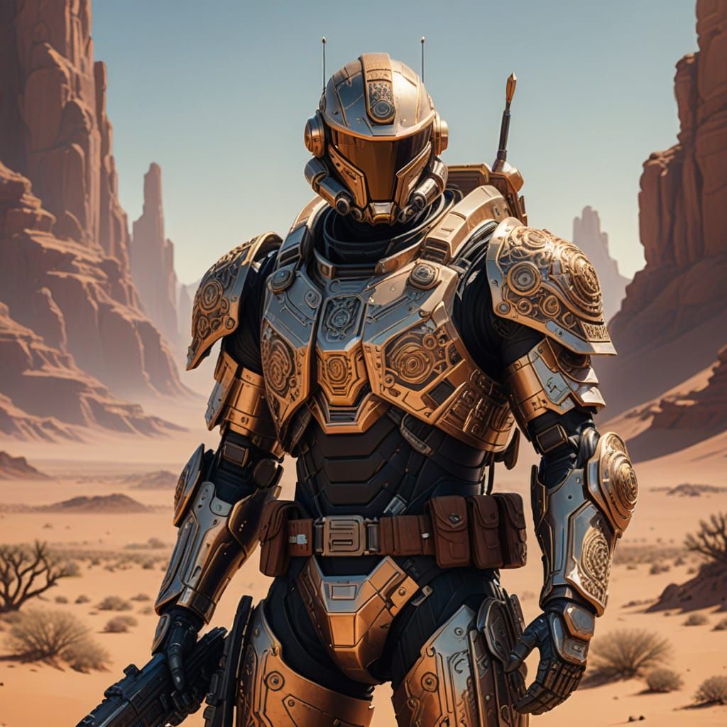 Cybernetic Warrior Stands Tall on Desert Planet