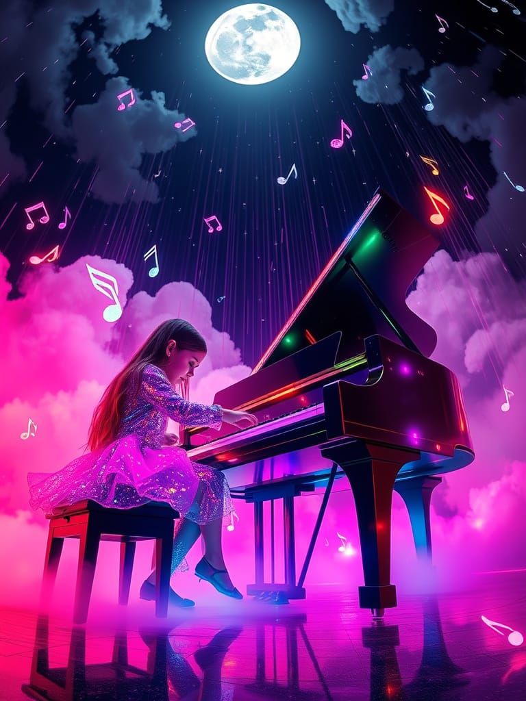 Neon Child's Piano Symphony: Hyperrealistic Art
