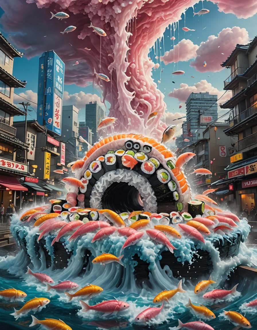 Surreal Sushi Tsunami Over Japanese City