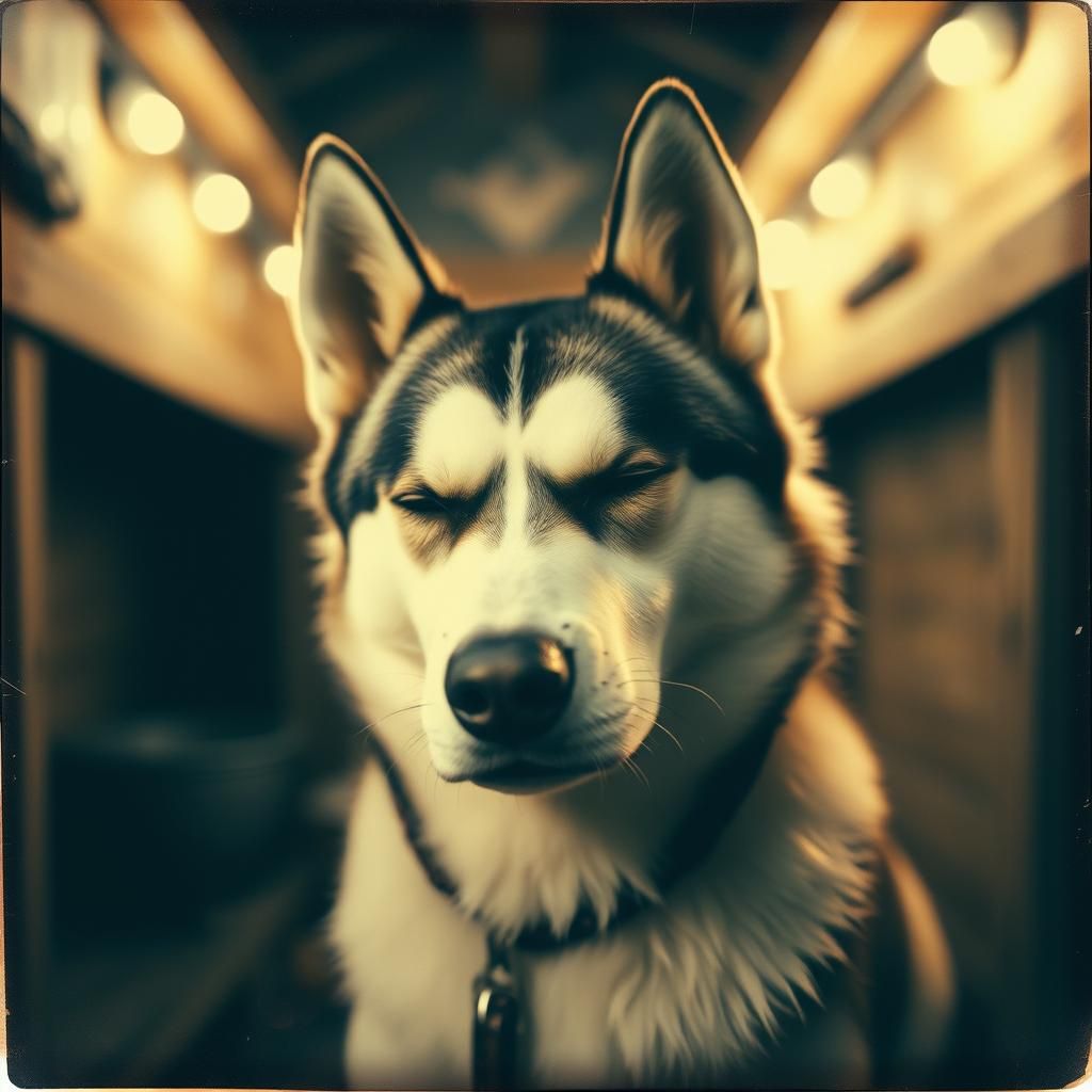 Cozy Husky: Polaroid-Style Kennel Portrait