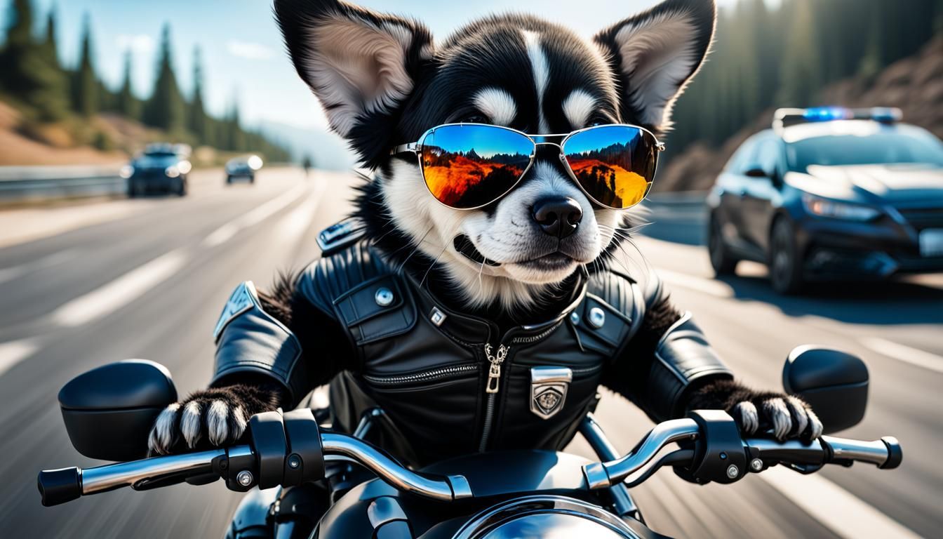 Siberian Puppy as Cyberpunk Biker in a Hyperrealistic Mid Sh...