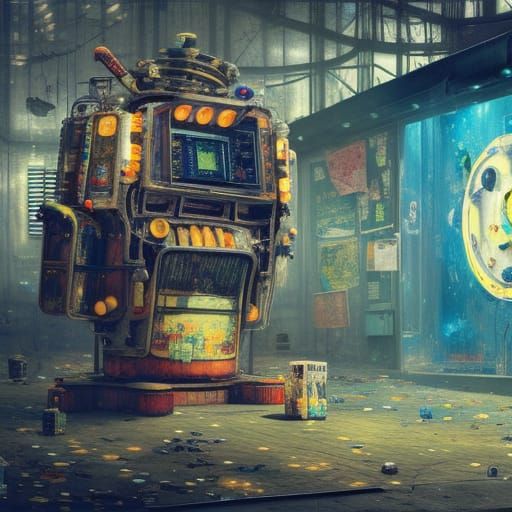 Solarpunk Robot in Abandoned Carnival, Photorealistic Style