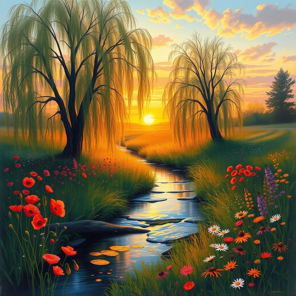 sunset over a babbling brook