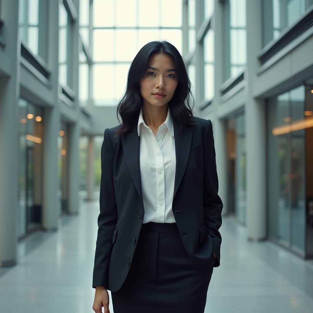 Woman in Business Attire in Modern Office Lobby