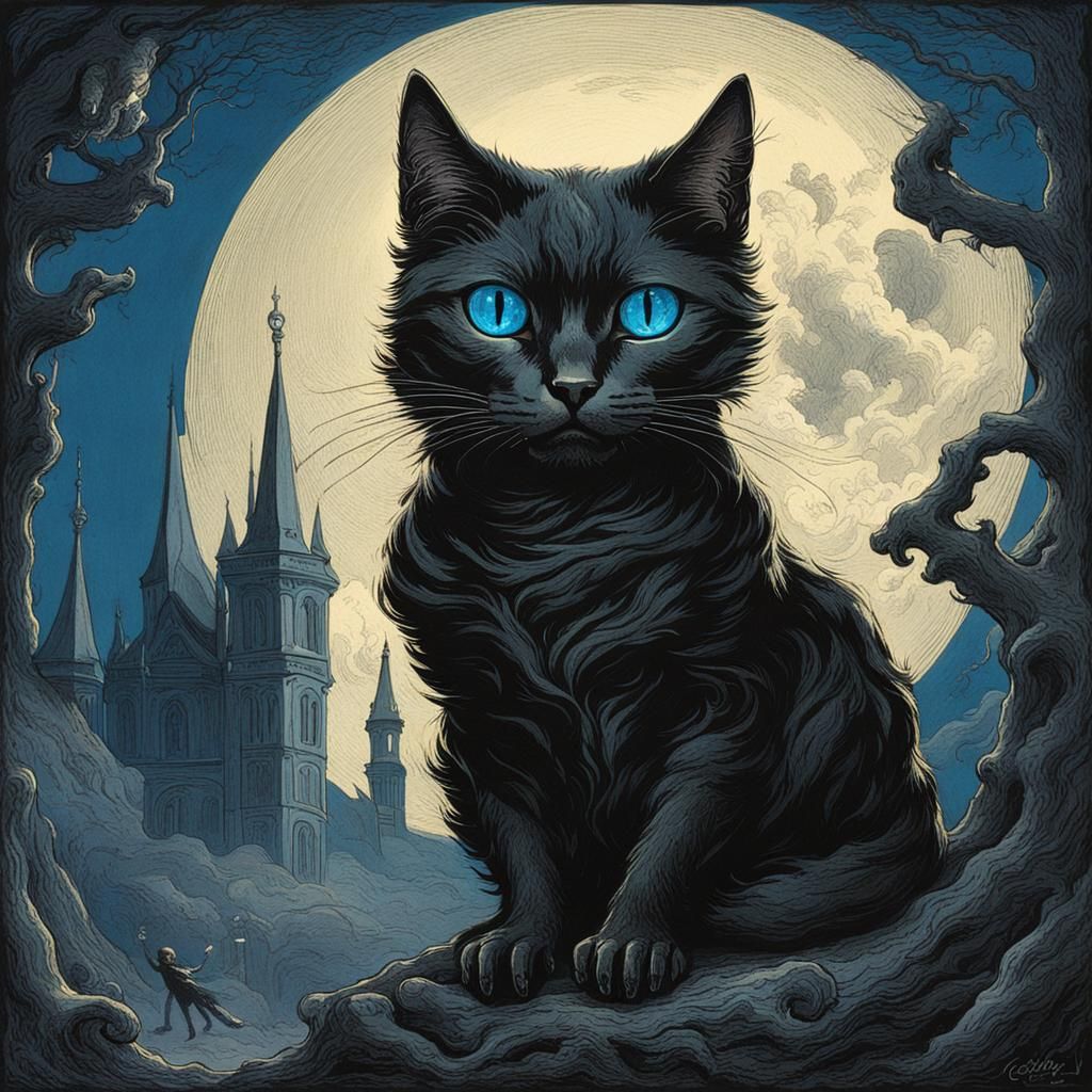 Eerie Black Cat with Blue Eyes: Gothic Horror Style