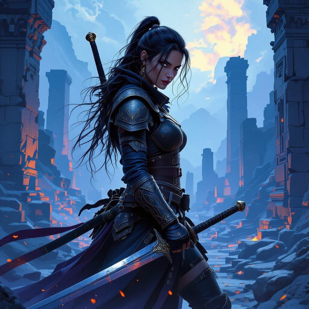 Fantasy Woman Warrior in Ruins, Matte Painting Style