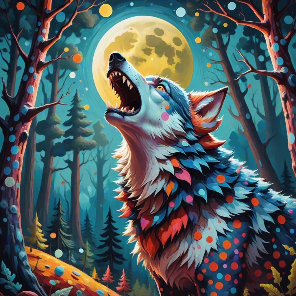 Surreal Wolf Howling in Polka Dot Forest