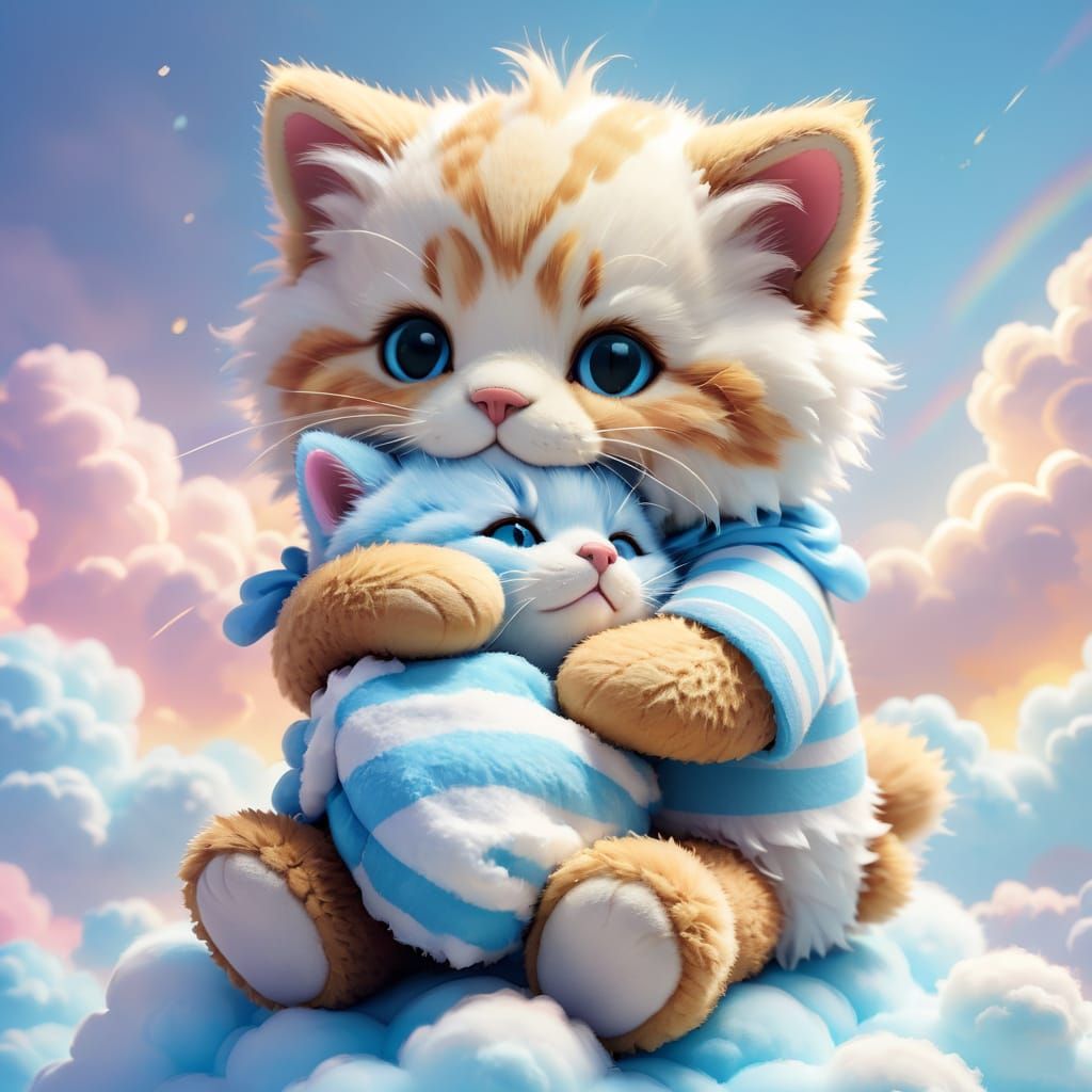 Kawaii Kitten Hugging Teddy Bear on Cloud