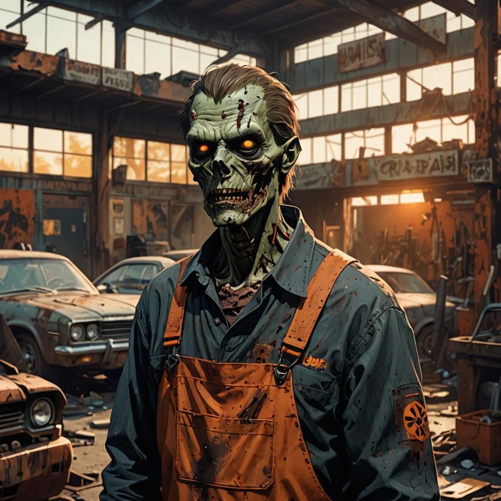 Zombie in Auto Shop: Horror Concept Art