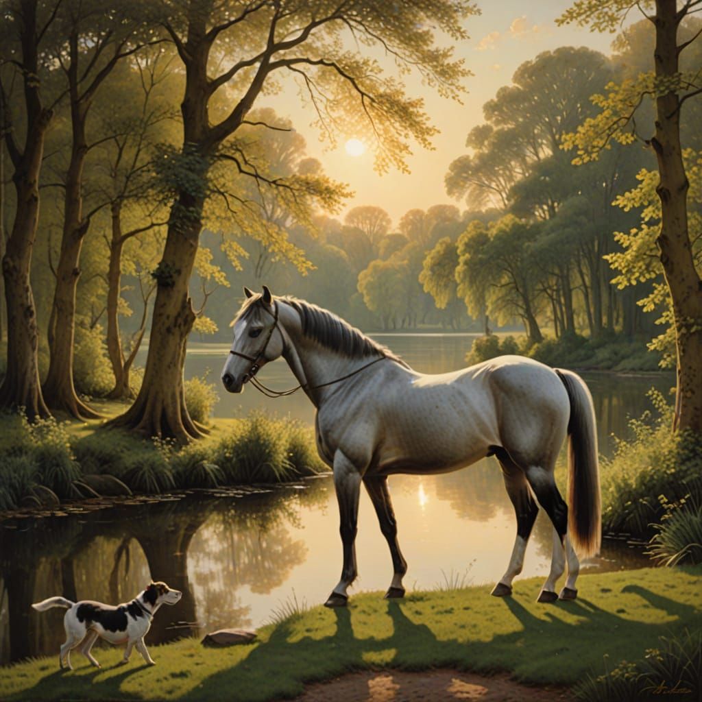 A dapple grey horse with  foxhound