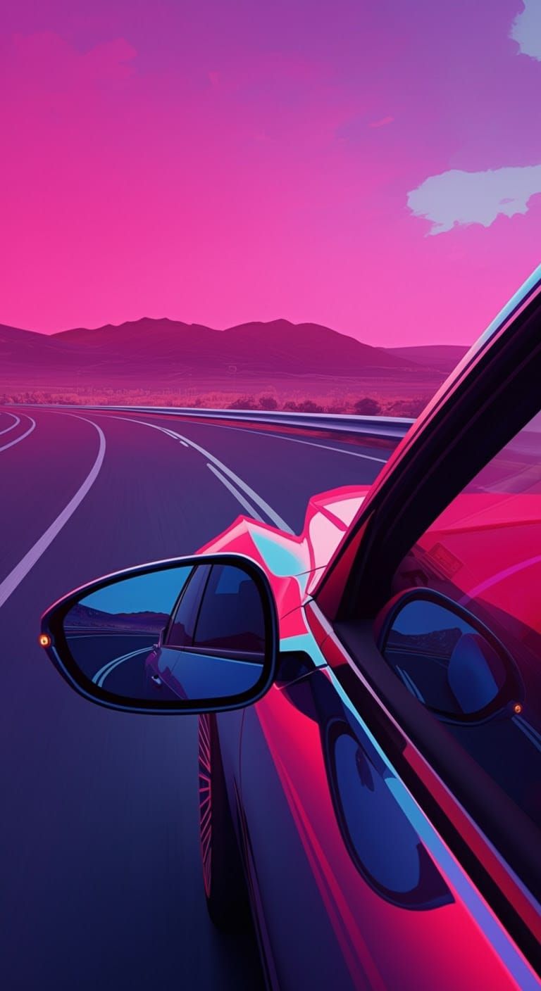 Cyberpunk Car Mirror Reflects Neon Road