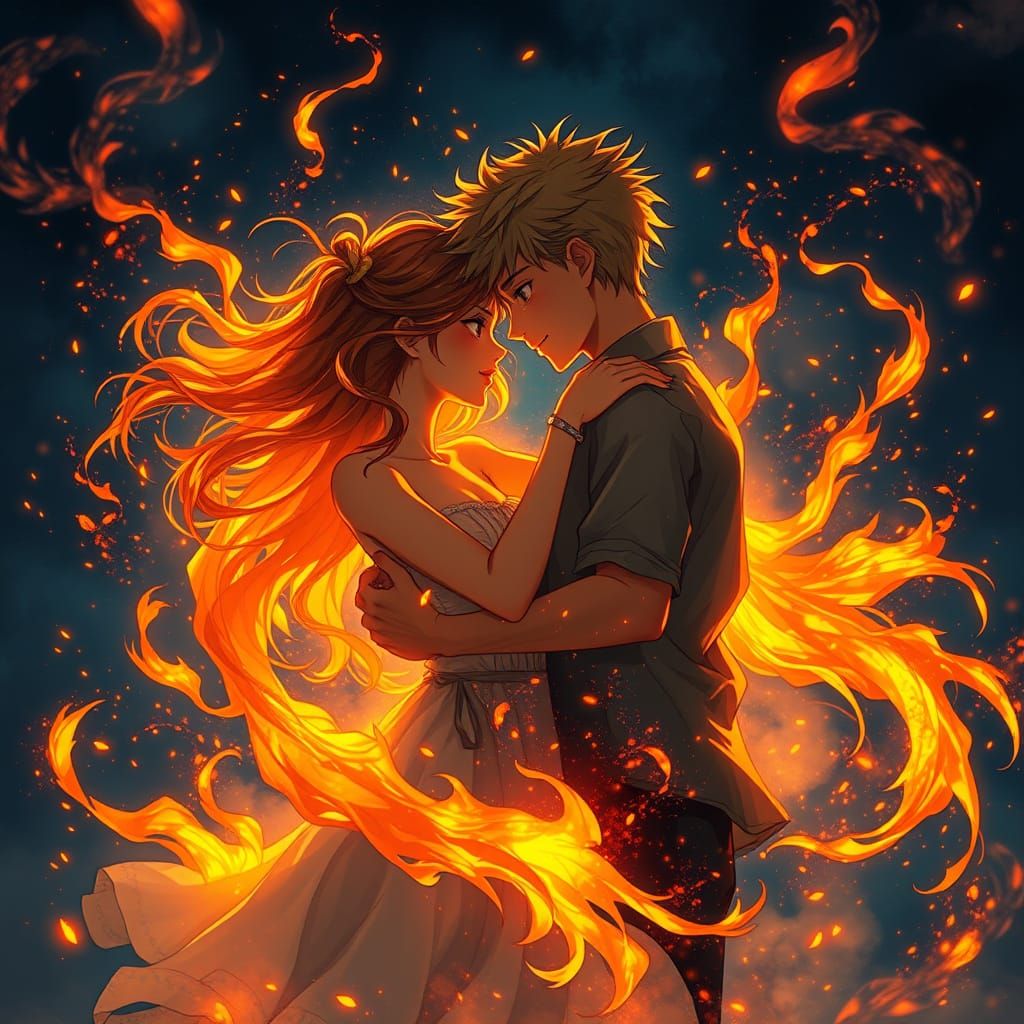 Emotive Anime-Inspired Couple Surrounded by Dancing Flames