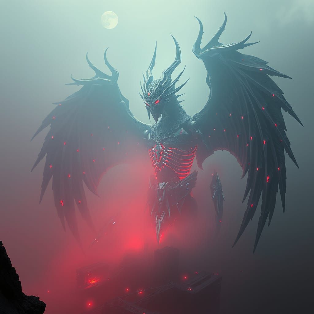 Mystical Figure in Dark Cyberpunk Fantasy Landscape