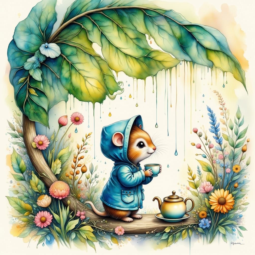 Mouse Sipping Tea Under Leaf in Watercolor Style