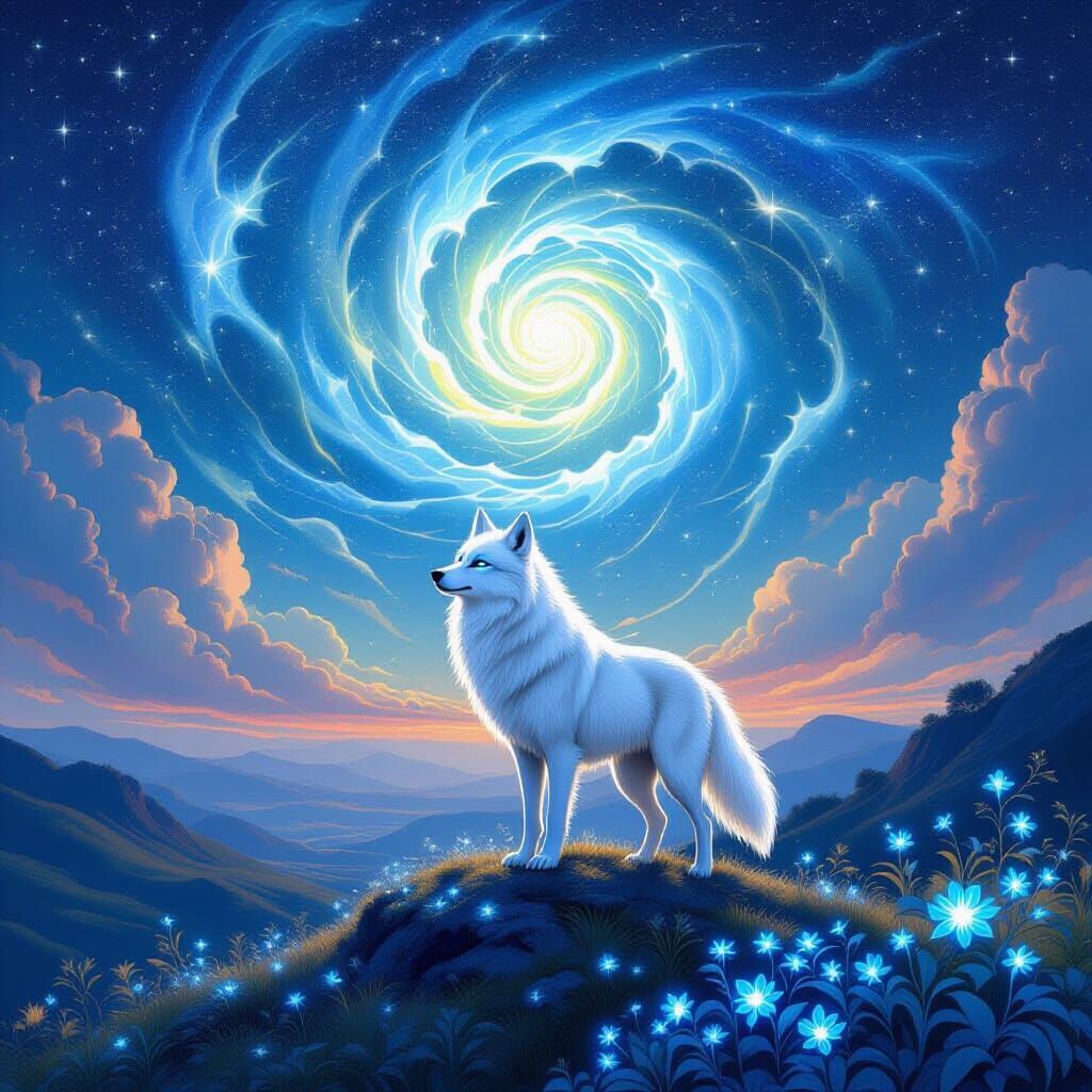 White Wolf Overlooks Bioluminescent Valley in Fantasy Style