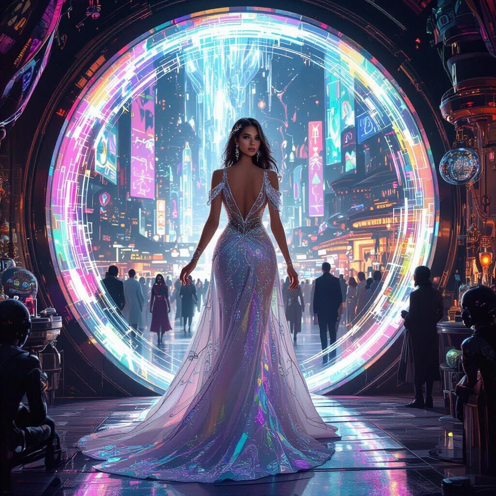 Woman Emerges into Futuristic Marketplace