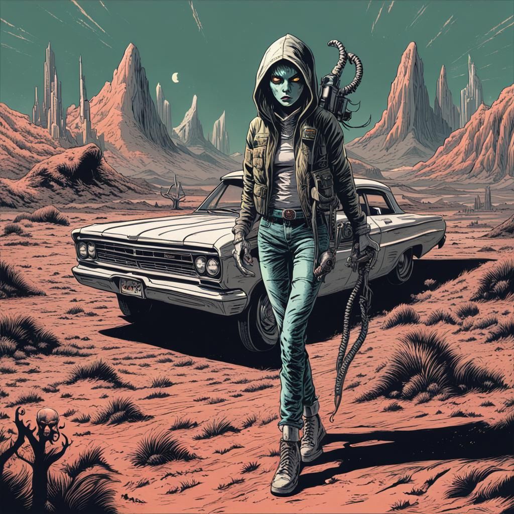 Dream Girl in Alien Horror Land, Vintage Illustration