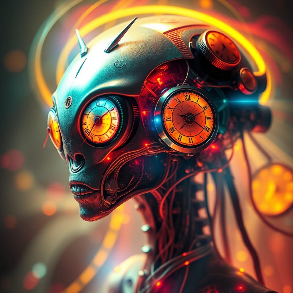 Cyberpunk Clockwork Alien with Neon Lights