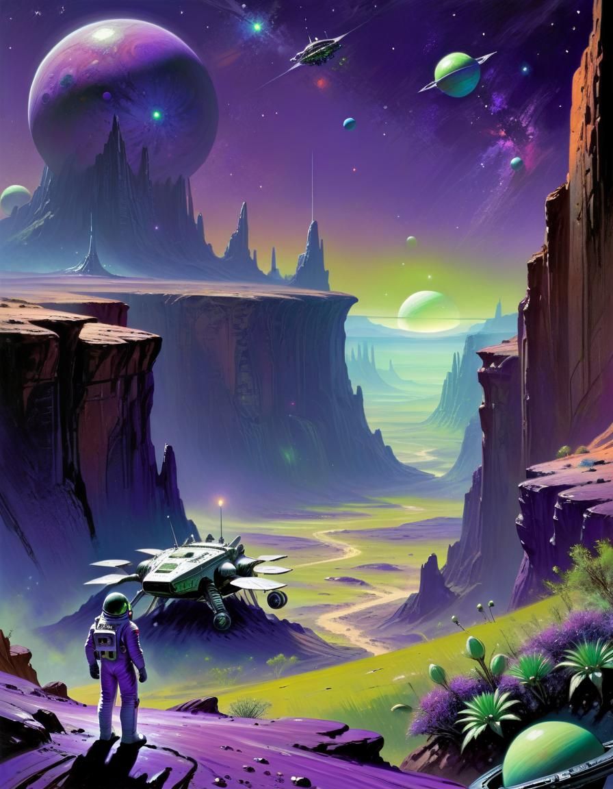 Astronaut Views Alien City in Sci-Fi Landscape