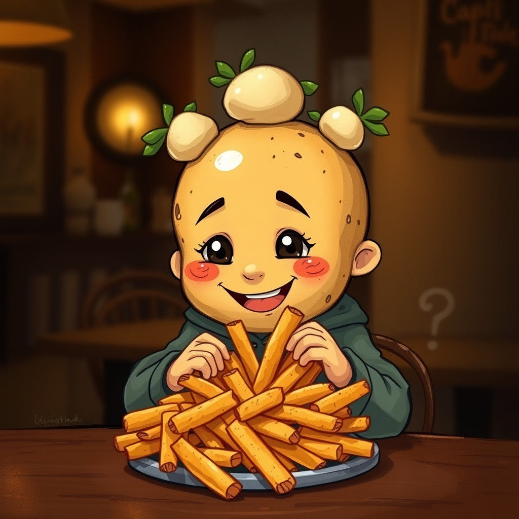 Chibi Potato Boy Enjoys Fries, Surrealist Photography Style