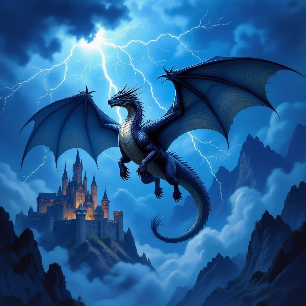 Dragon Soaring Through Stormy Sky in Gothic Castle Backgroun...