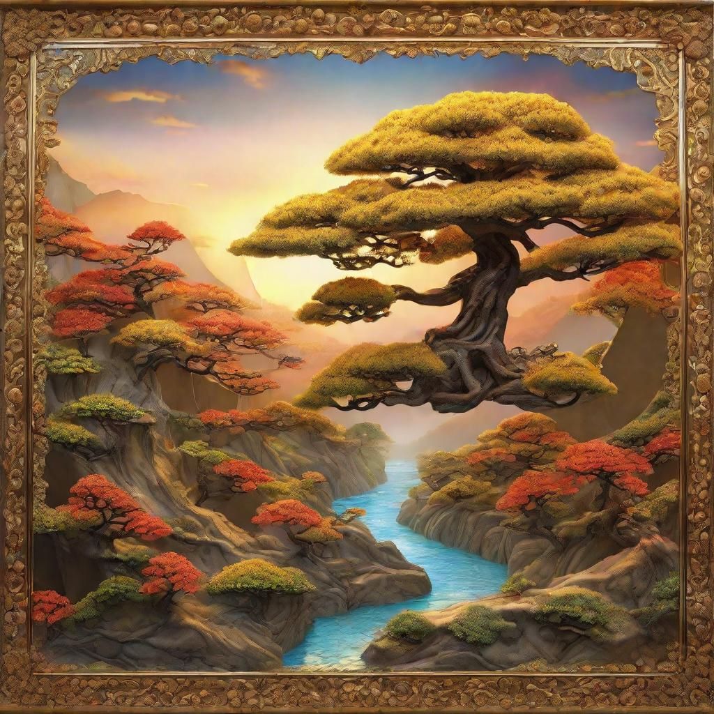 Bonsai Hillside Landscape in Art Nouveau Style