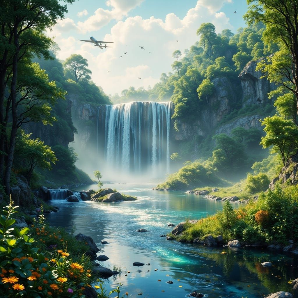 Epic Waterfall Mist with Rainbow in Sunlight