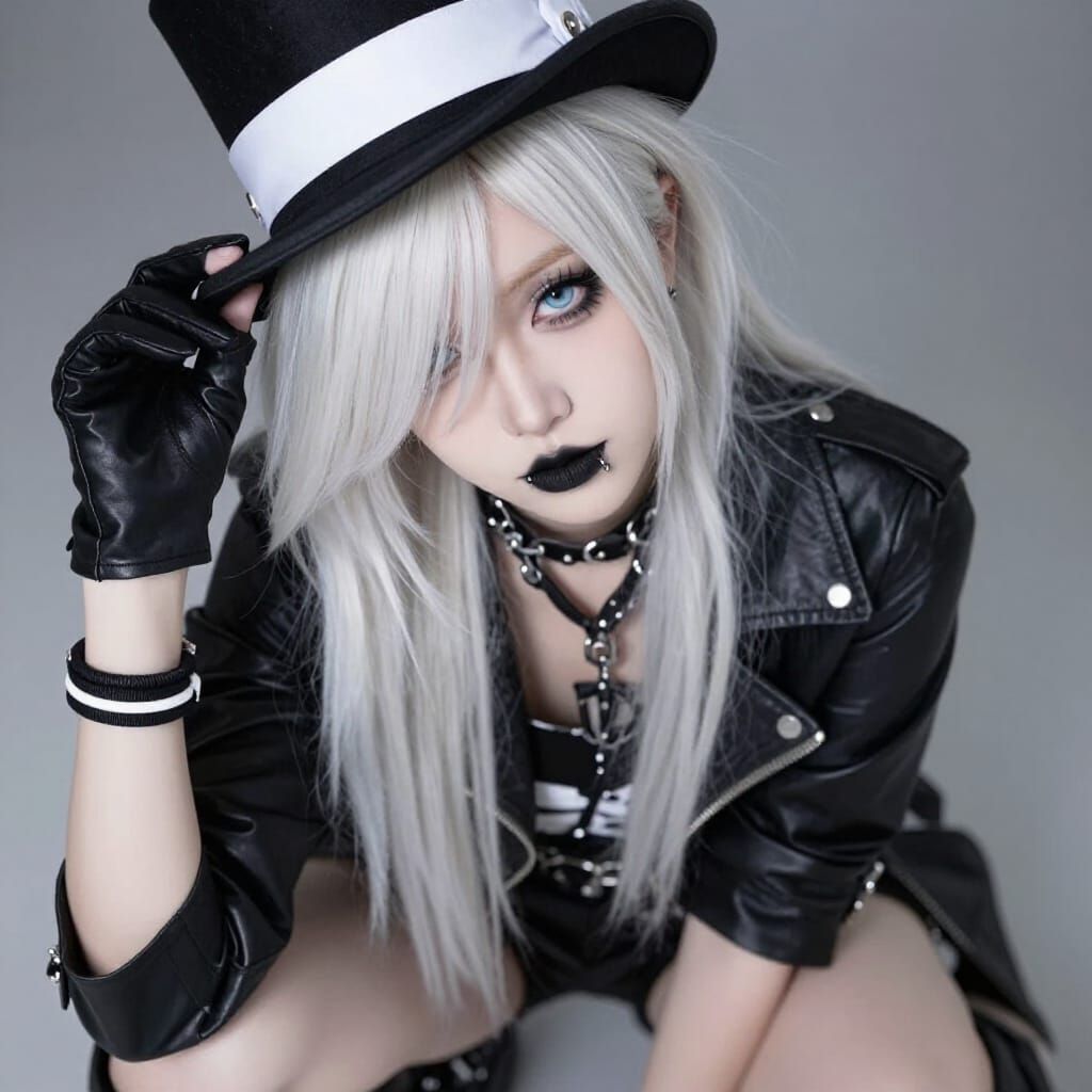 Emo Scene Model with Platinum Blonde Hair in Gothic Outfit