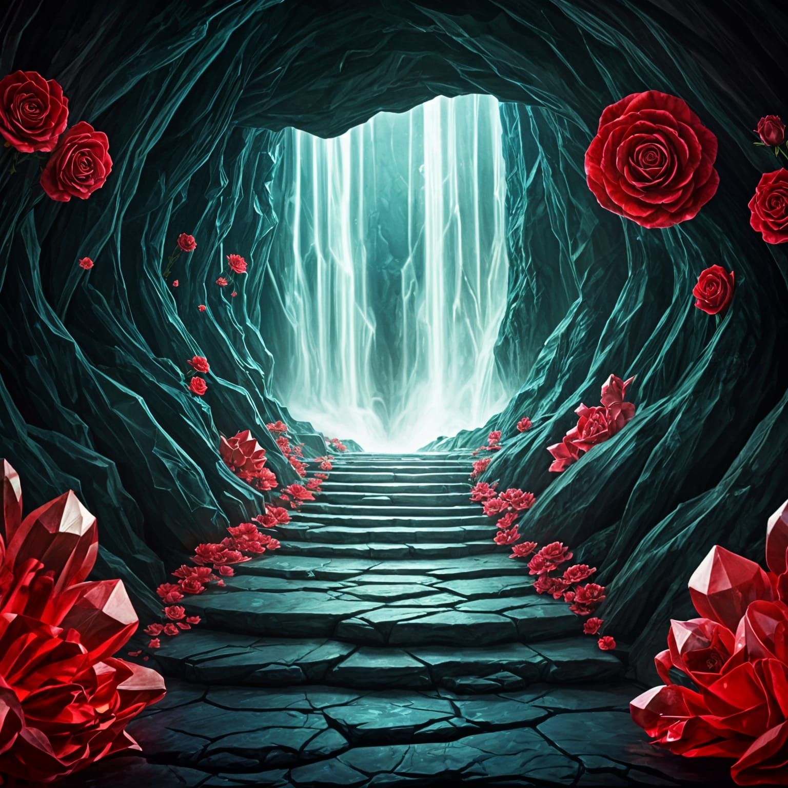 Surreal Cave Oasis in Vibrant Polychromatic Style