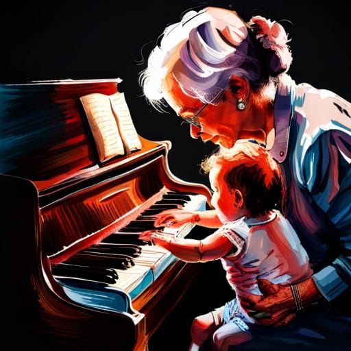 Grandmother and Toddler Play Piano: Hyperrealistic Portrait