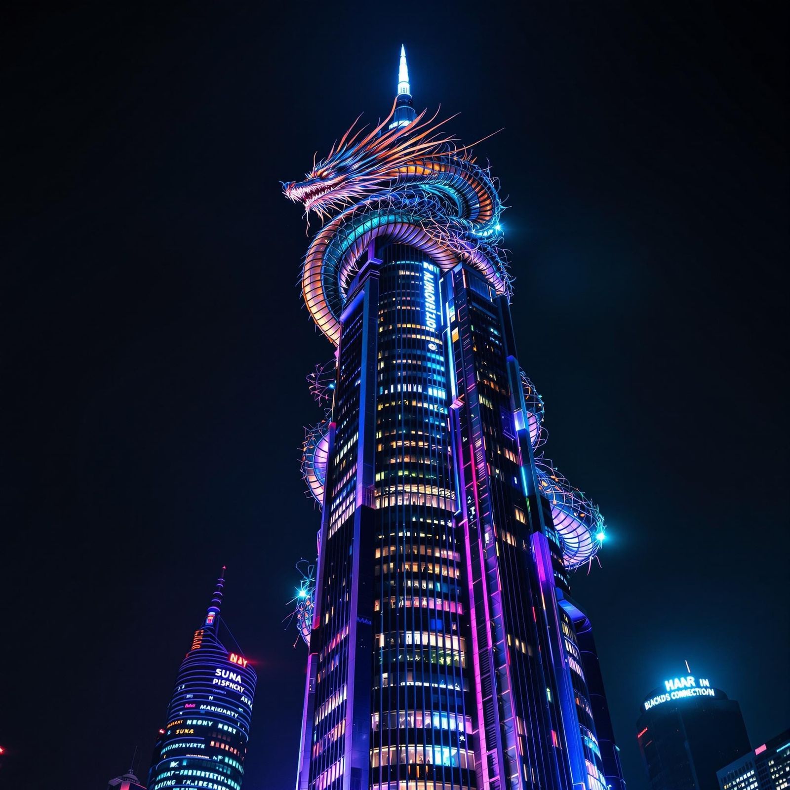 Shanghai Skyscraper Topped with Cyberpunk Dragon