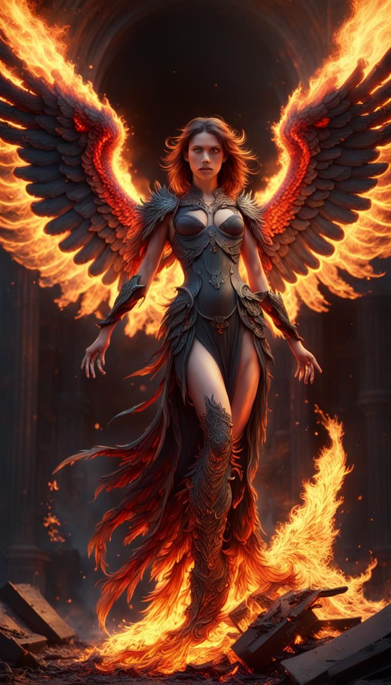 Fallen Angel with Fiery Phoenix Wings in Detailed Painting