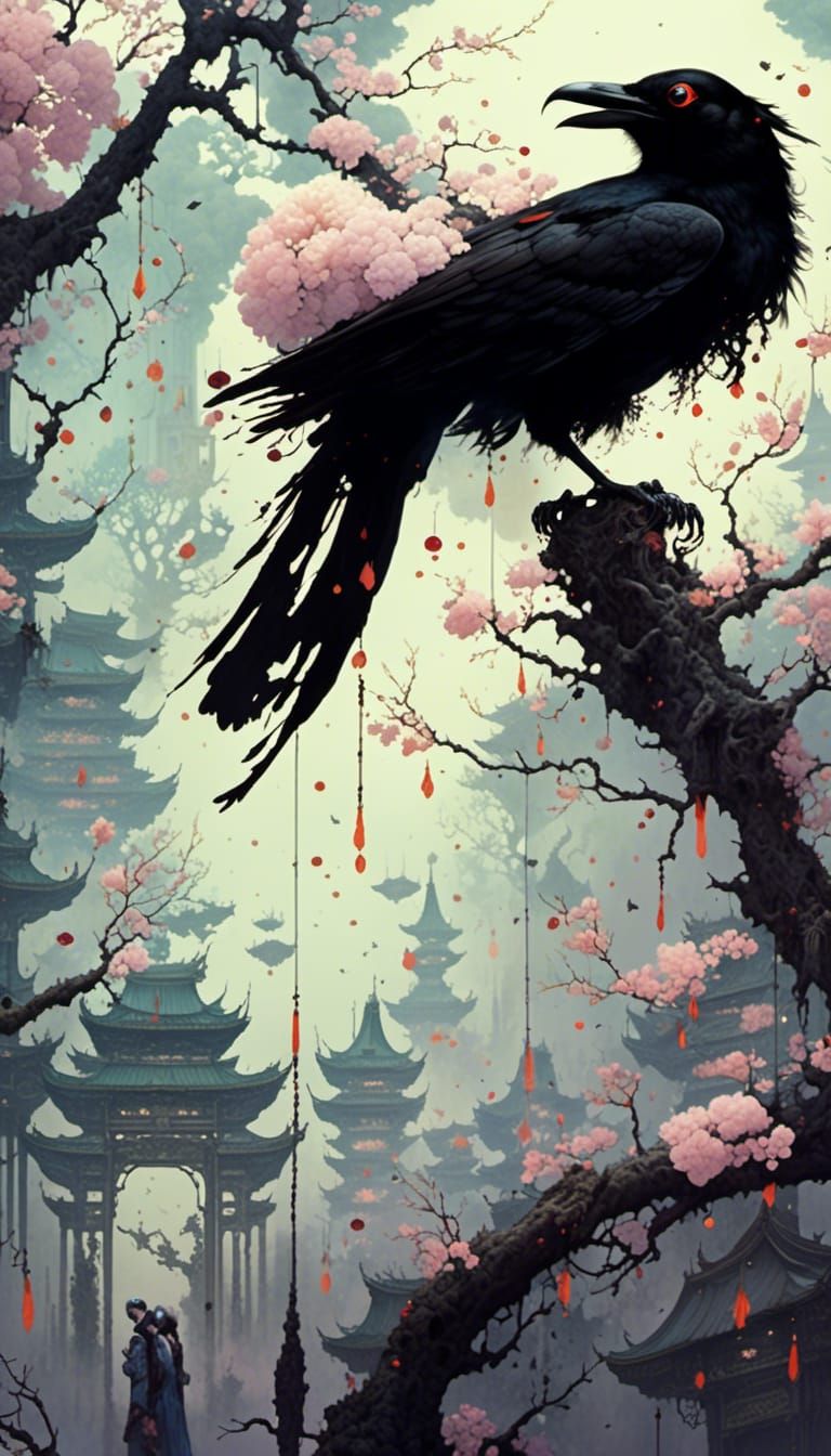 Ravens in Decaying Cherry Blossoms: Watercolor Portrait