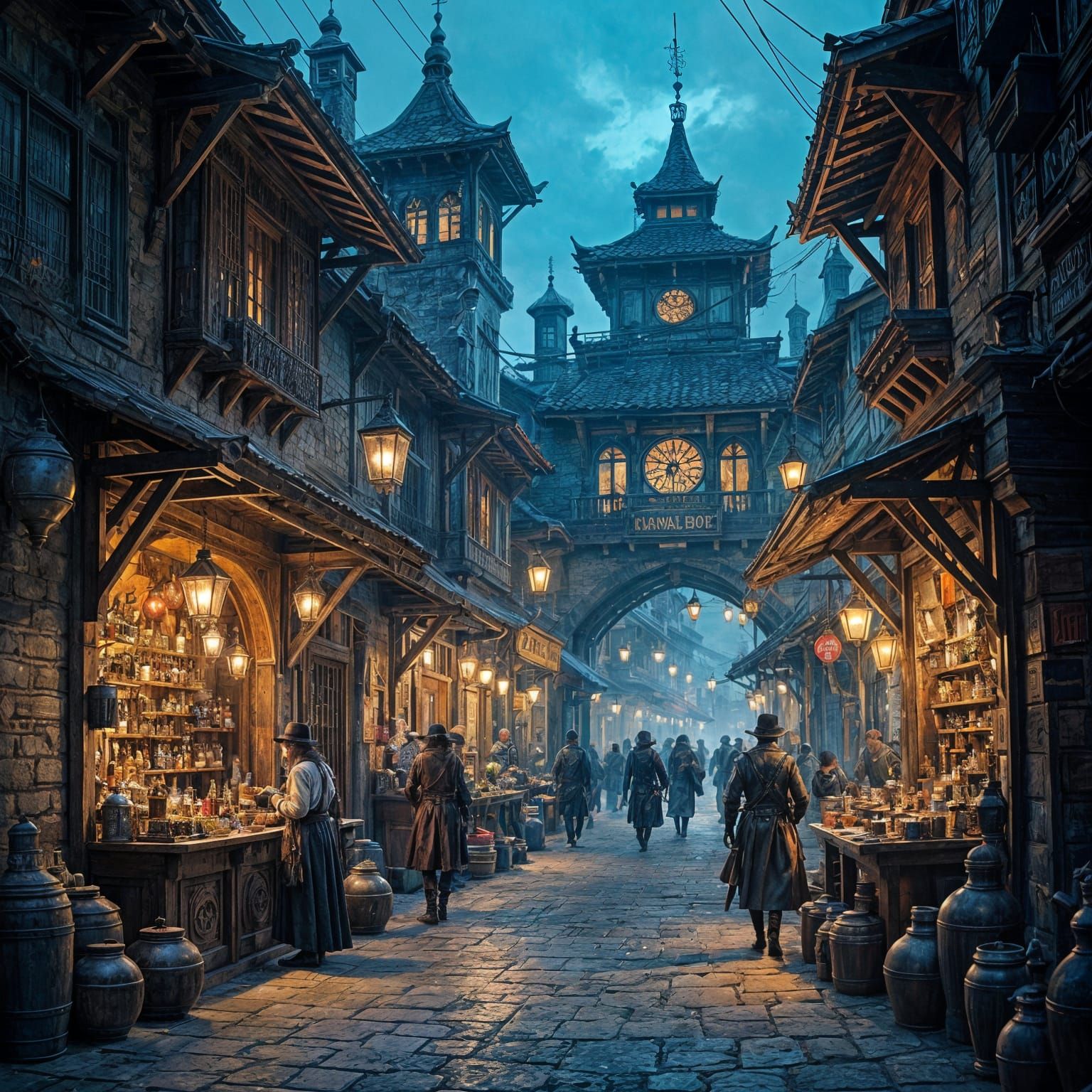 Bustling Fantasy Market Alleyway at Dusk in Airbrush Art Sty...