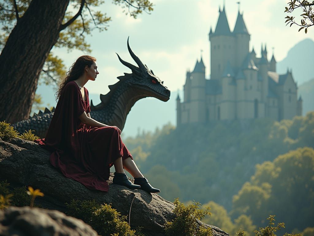 Woman and Dragon in Forest, Fantasy Art