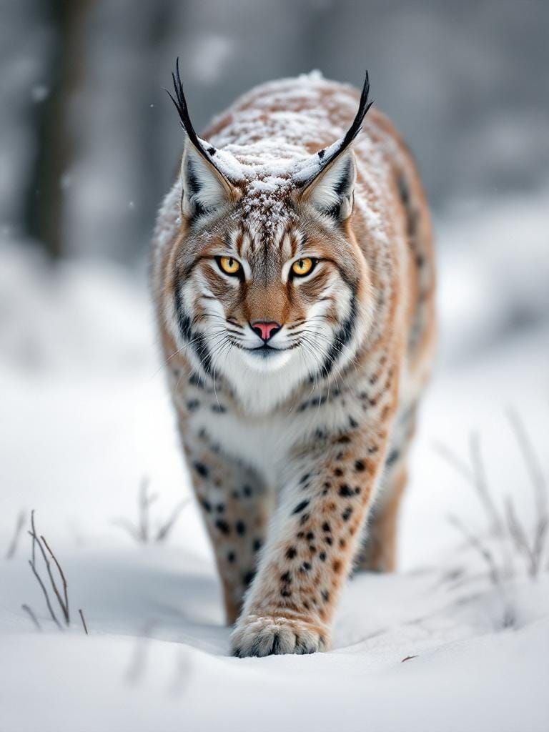 Lynx in Snow: Selective Color Photography with Red Accent