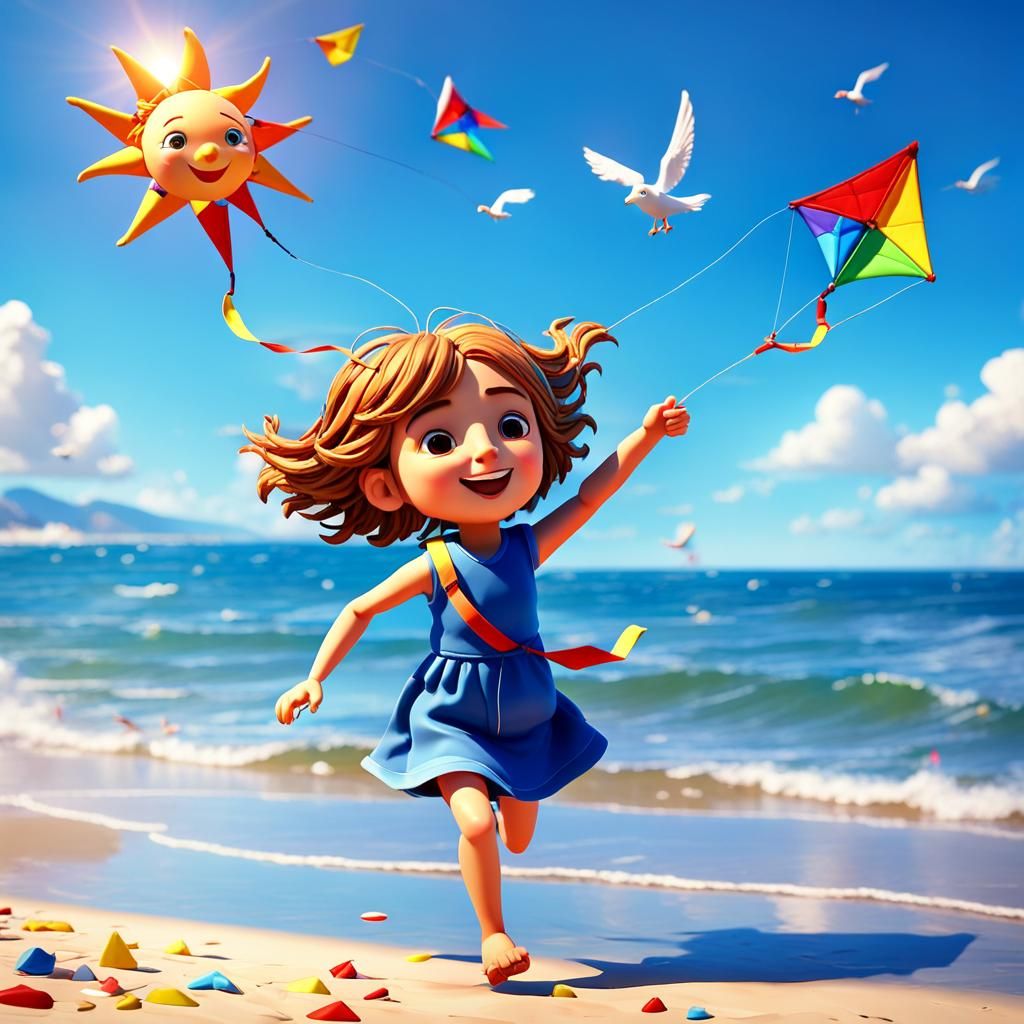 A joyful 3D claymation child,  flies a kite on a sun-kissed beach.