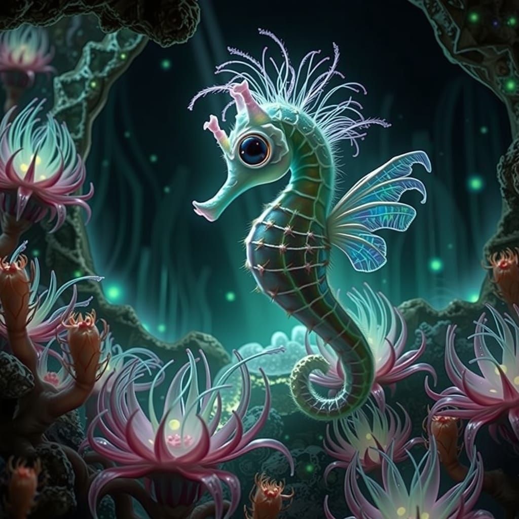 Iridescent Seahorse with Wings in Crystalline Cave