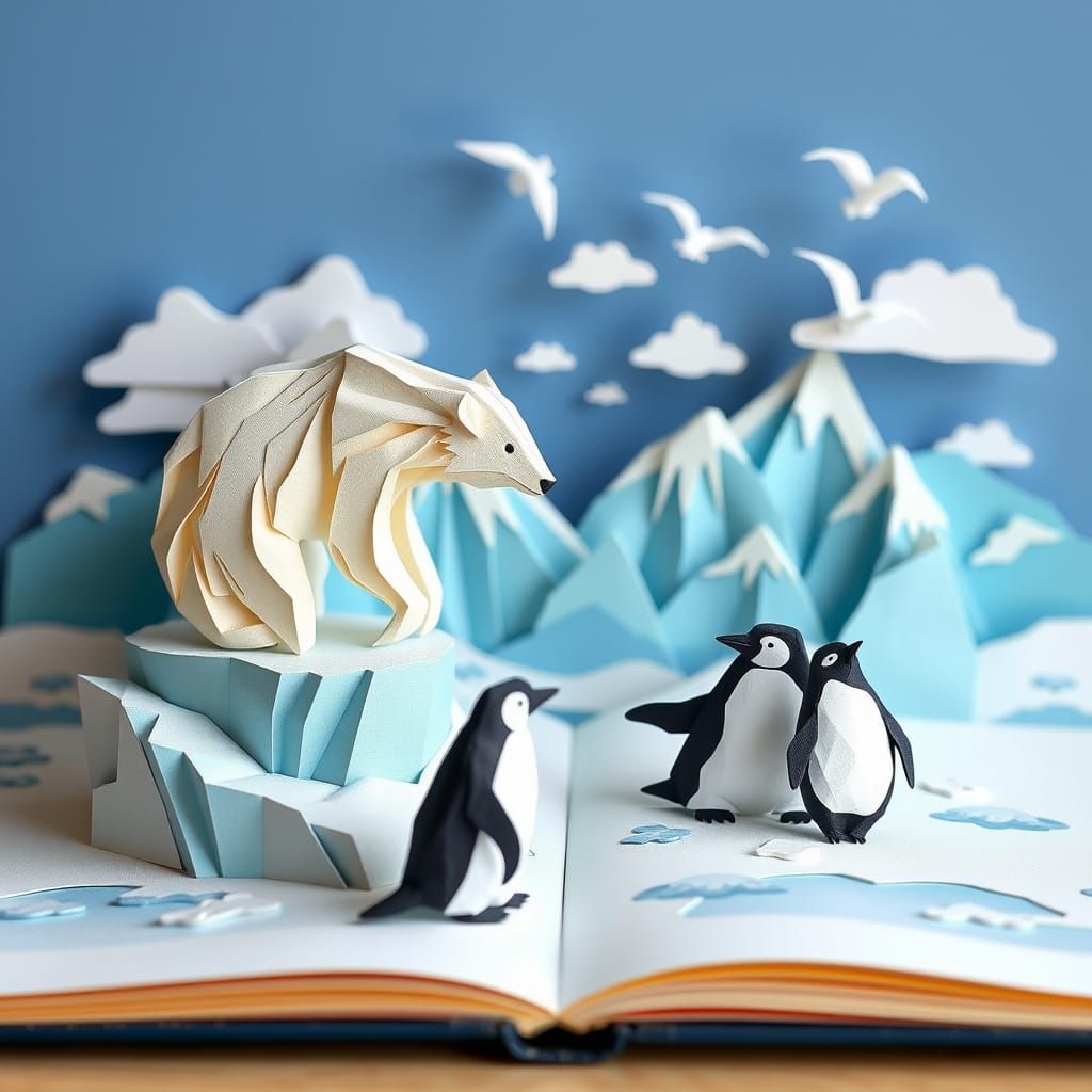 Origami Pop-Up Book with Polar Bears and Penguins
