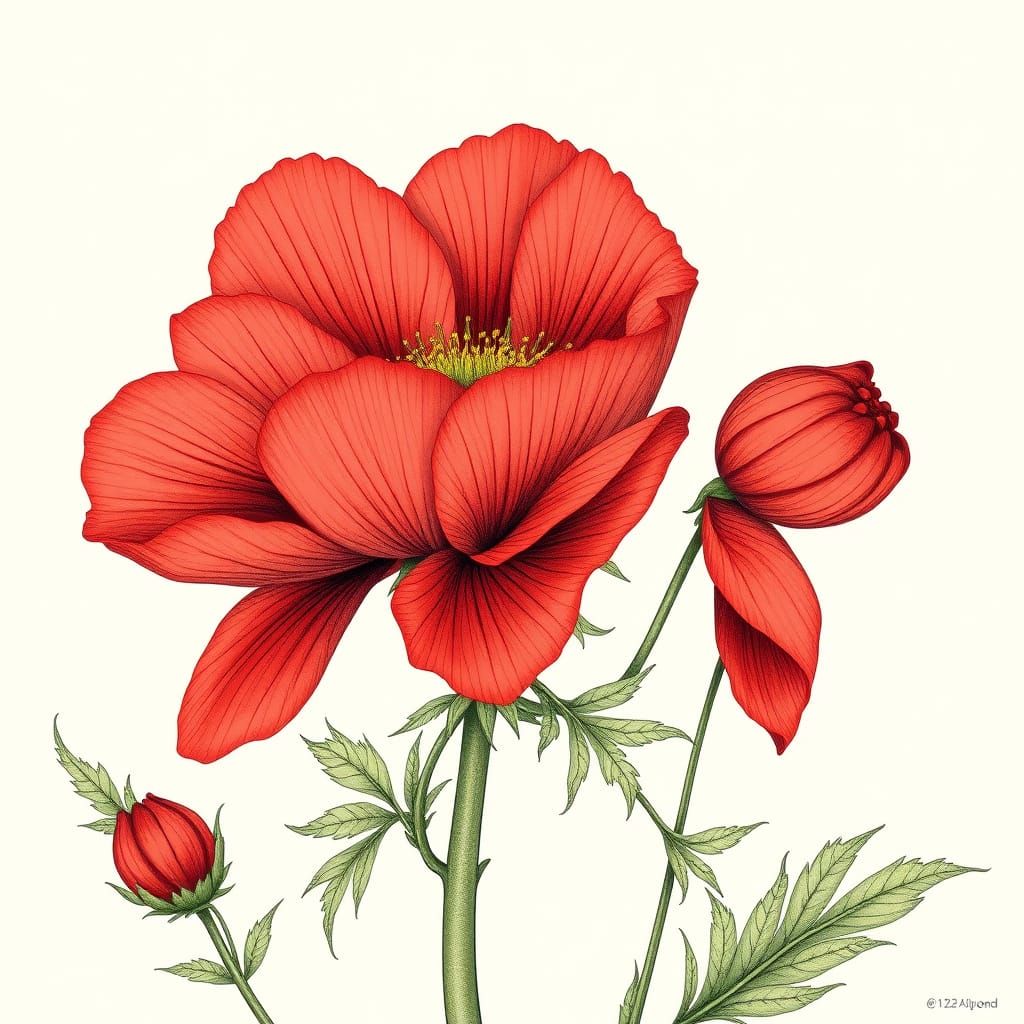 Botanical Illustration of a Red Anemone Flower