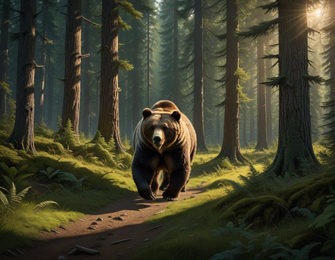 Grizzly Bear Striding Through Primeval Forest Glade