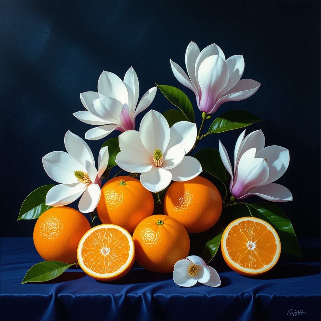Hyperrealistic Still Life: Oranges and Magnolias with Dramat...