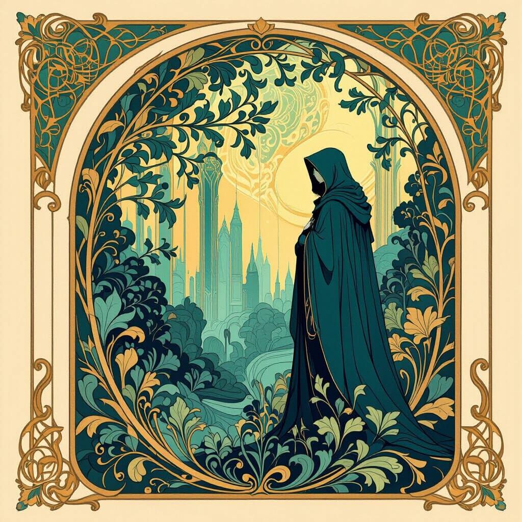 Art Nouveau Cloaked Figure in Jewel Tones