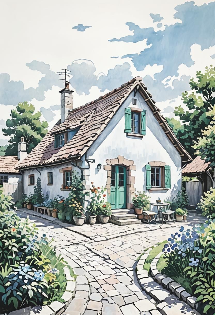 Colorful Cottage in Garden, Fauvist Painting