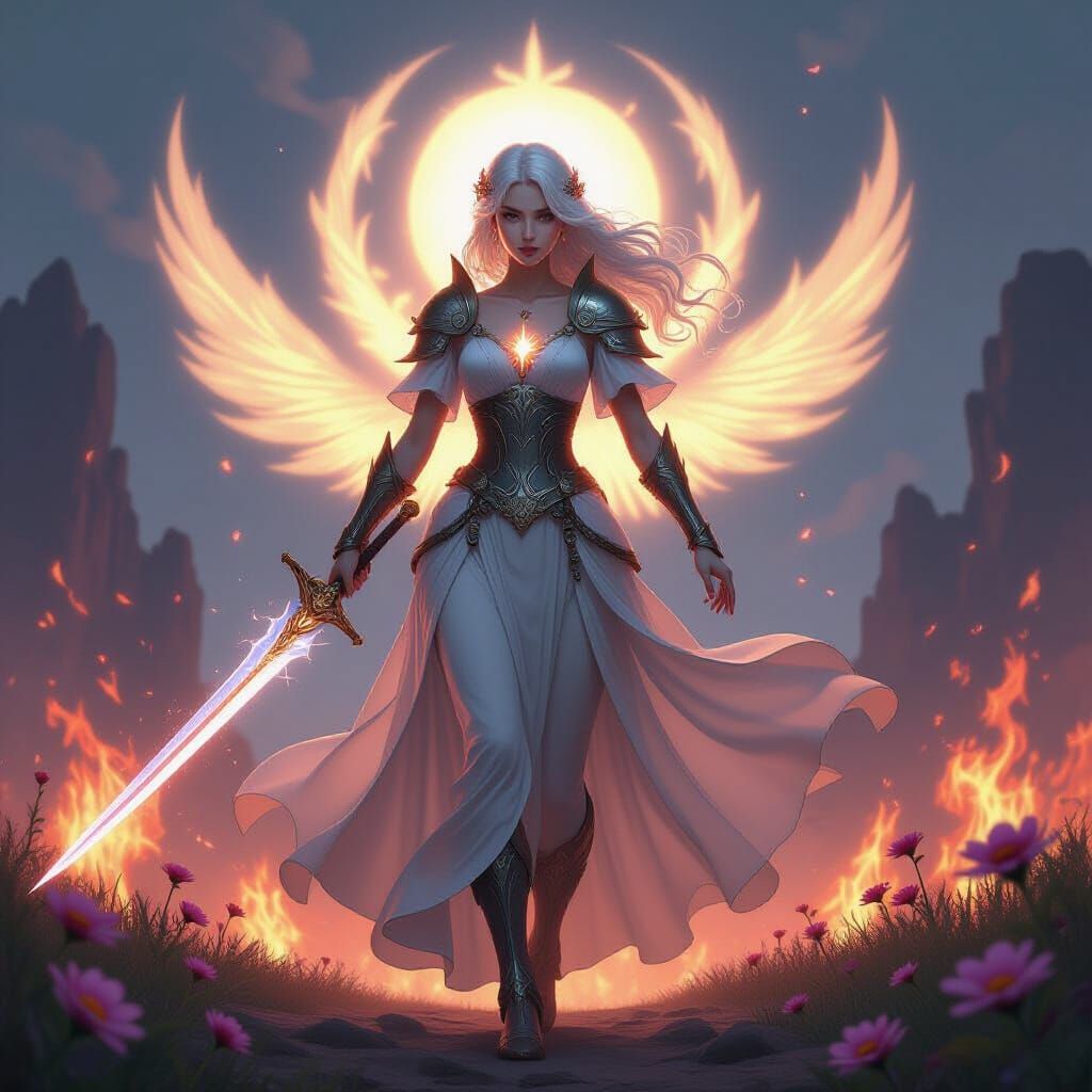 Anime Maiden Transformed into Divine Warrior with Magic Blad...