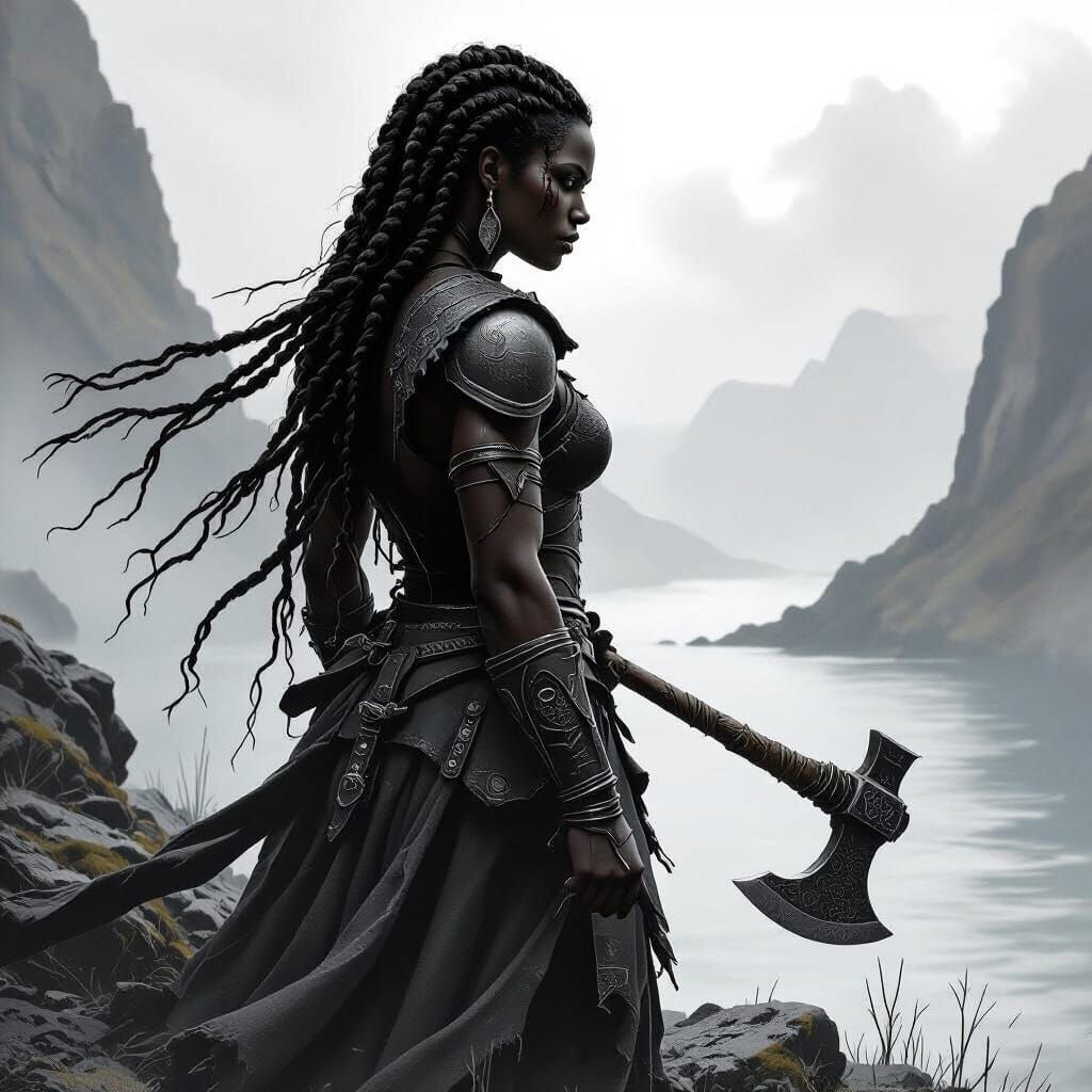 African American Shieldmaiden in Misty Fjord, Charcoal Drawi...