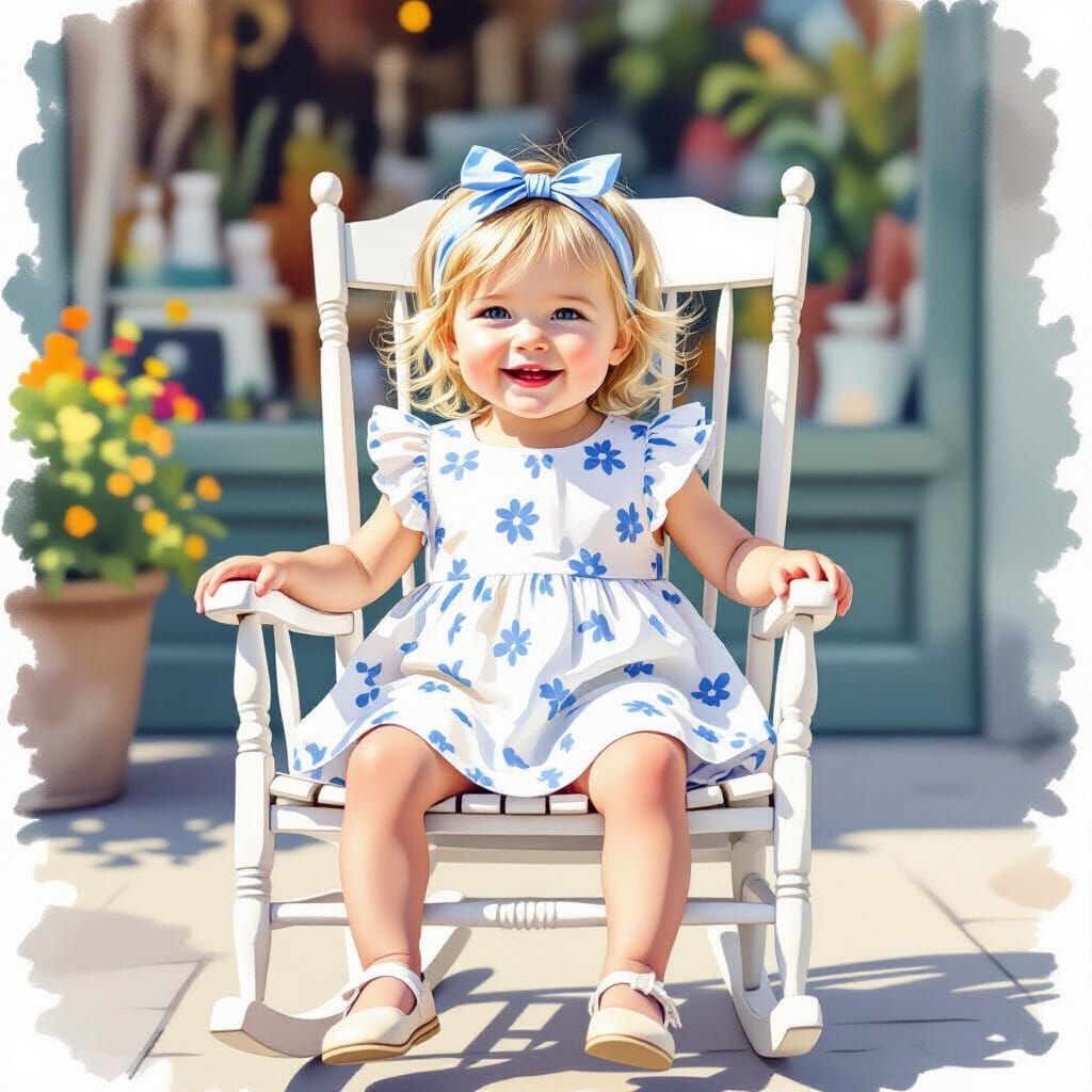 Smiling Toddler in Rocking Chair, Watercolor Style