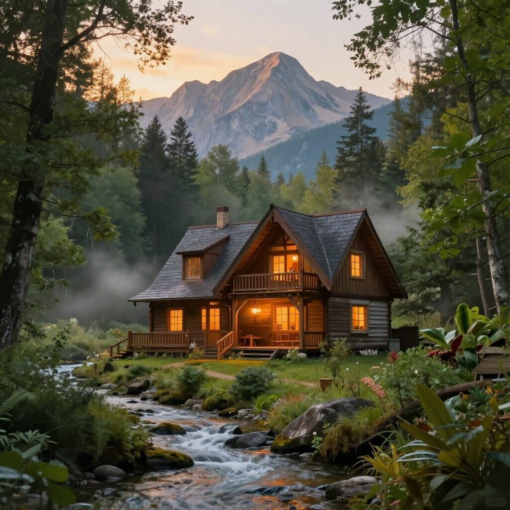 Cozy Forest Cabin with Mountain Backdrop in Golden Hour Ligh...