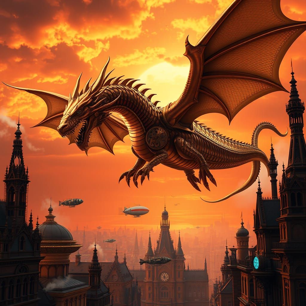 Majestic Steampunk Clockwork Dragon Soars Above Metropolis i...